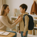 Routine matinale sereine d’un parent et d’un enfant avant l’école.