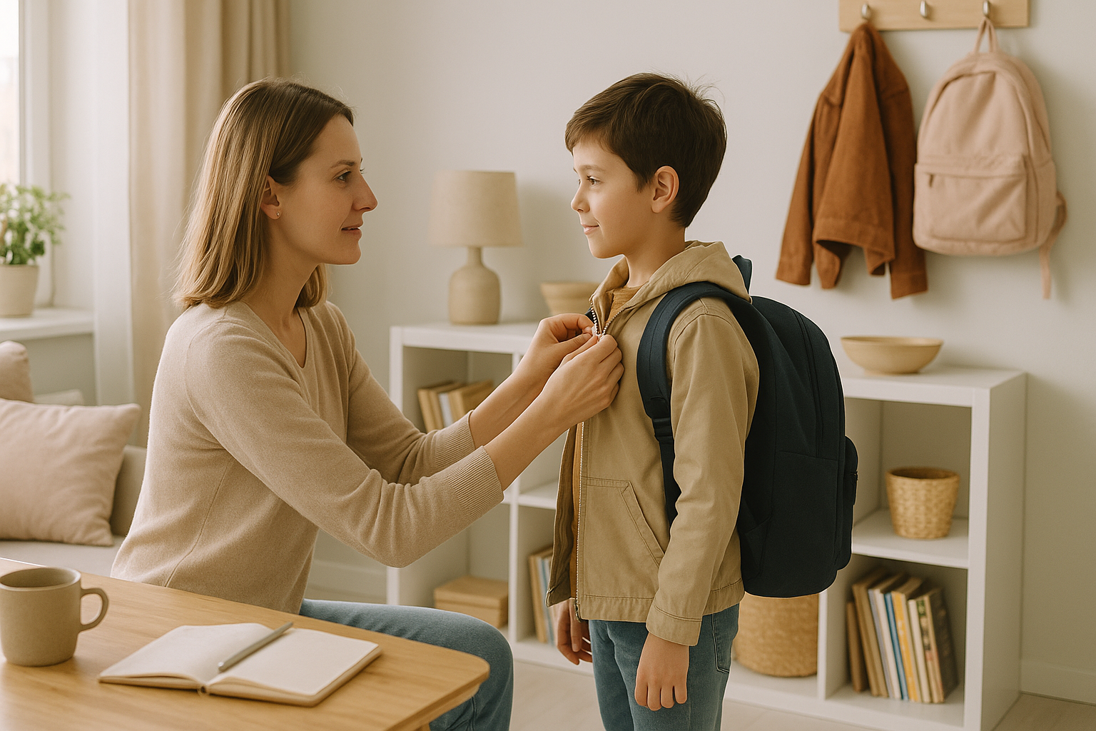 Routine matinale sereine d’un parent et d’un enfant avant l’école.