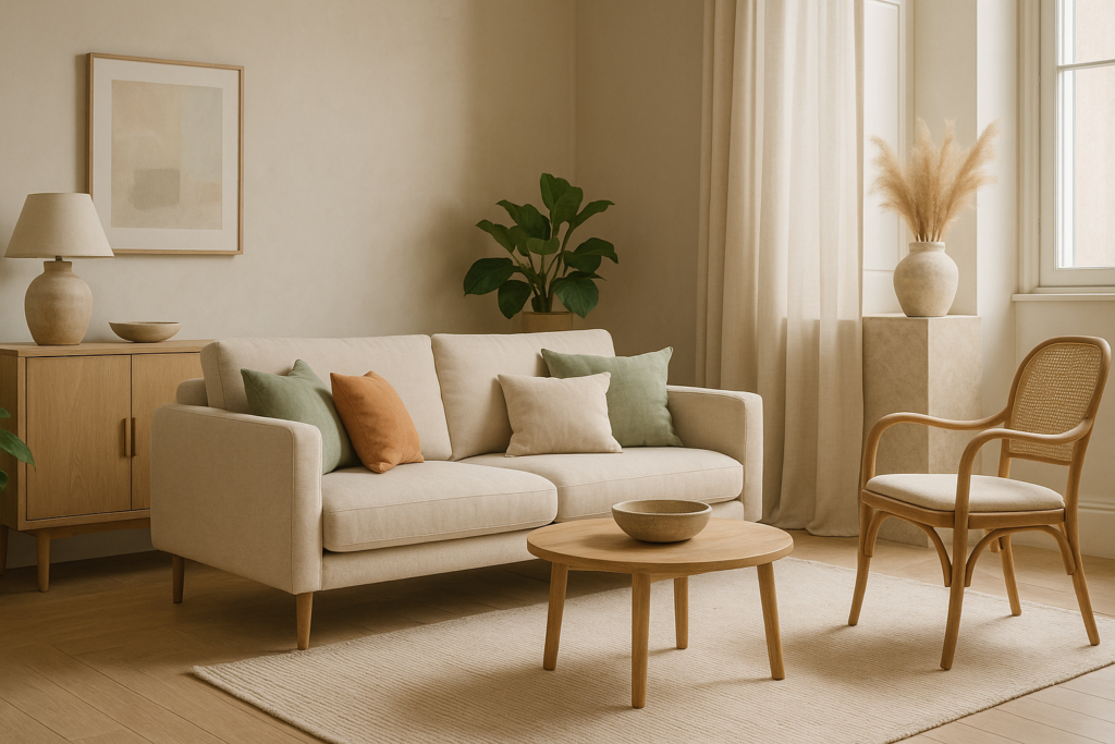 Tendances déco 2025 : intérieur moderne avec couleurs douces et matériaux naturels