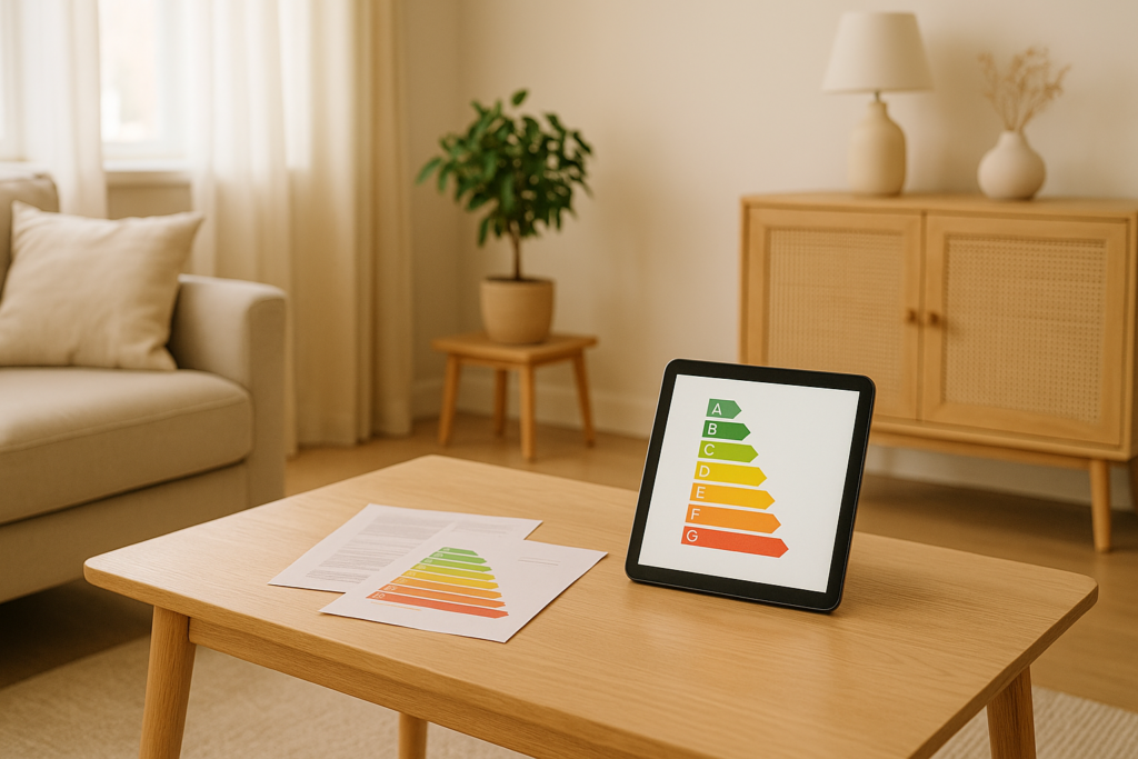 Illustration d’un salon lumineux avec des documents montrant une étiquette énergie.