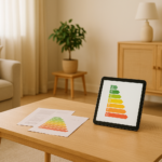 Illustration d’un salon lumineux avec des documents montrant une étiquette énergie.