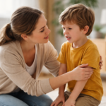 Parent accompagnant calmement un jeune enfant en colère dans un environnement familial apaisant
