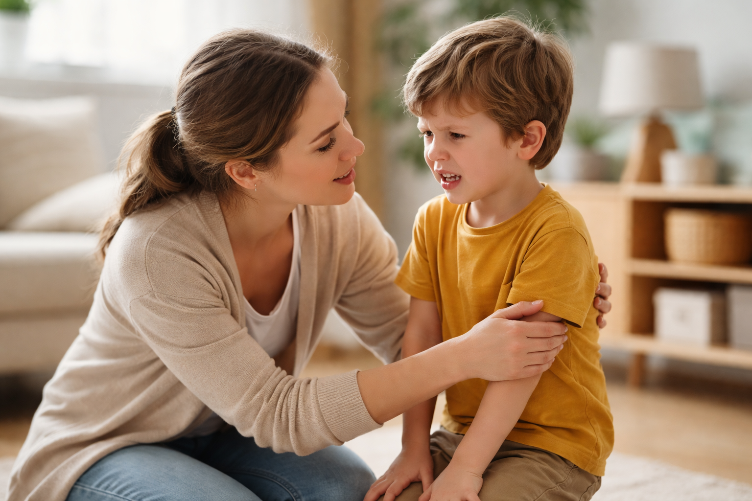 Parent accompagnant calmement un jeune enfant en colère dans un environnement familial apaisant