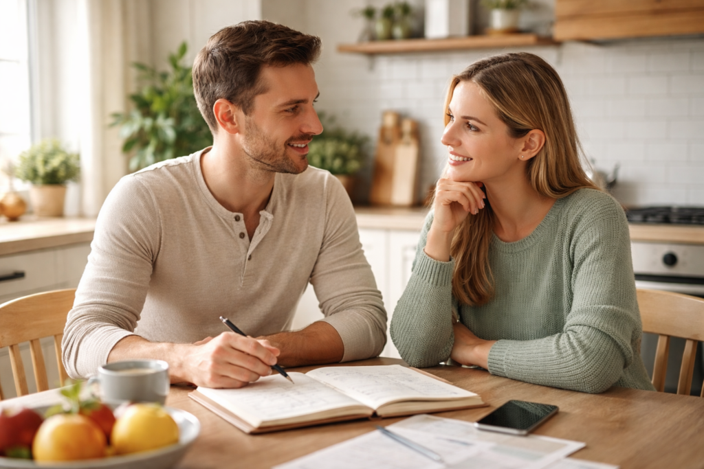 Couple échangeant calmement sur l’organisation des tâches du quotidien dans une ambiance sereine