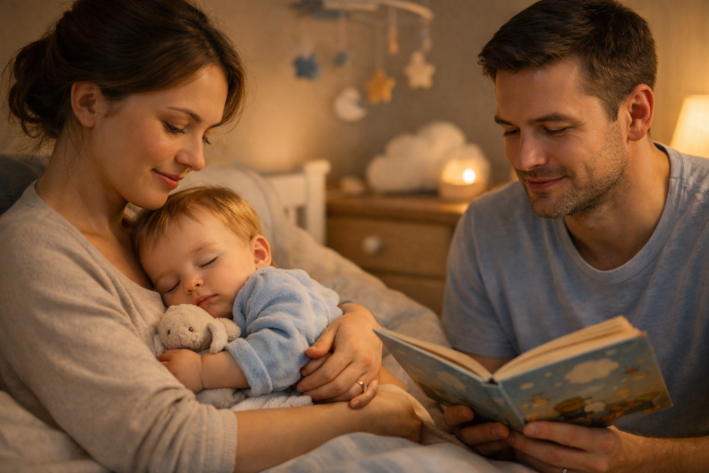 Parent accompagnant un bébé lors d’une routine du coucher apaisée dans une chambre aux couleurs douces