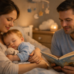 Parent accompagnant un bébé lors d’une routine du coucher apaisée dans une chambre aux couleurs douces