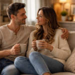 Couple partageant un moment de complicité calme et chaleureux à la maison