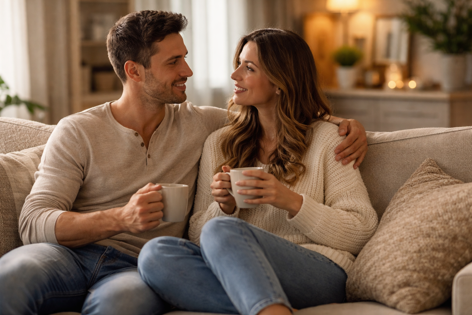 Couple partageant un moment de complicité calme et chaleureux à la maison