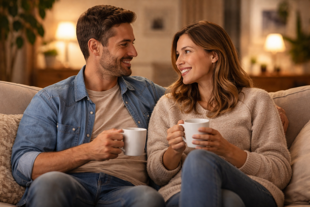 Couple de parents partageant un moment calme ensemble après une journée familiale, dans une ambiance chaleureuse.