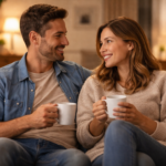 Couple de parents partageant un moment calme ensemble après une journée familiale, dans une ambiance chaleureuse.