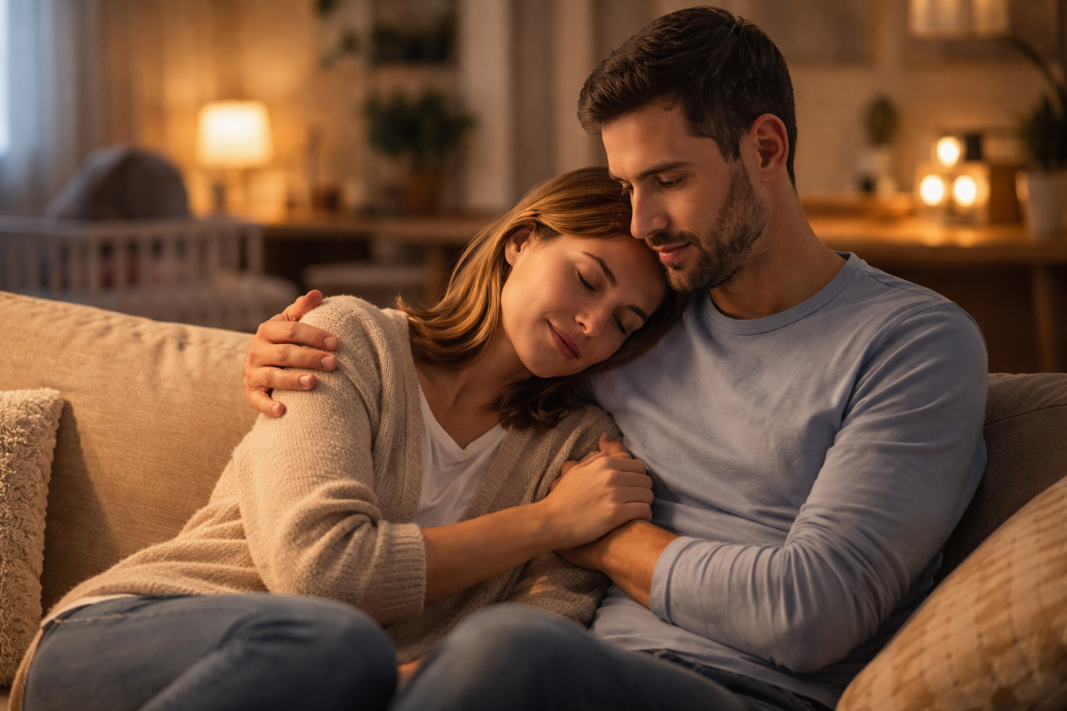 Couple de parents se soutenant mutuellement à la maison lors d’un moment de fatigue parentale
